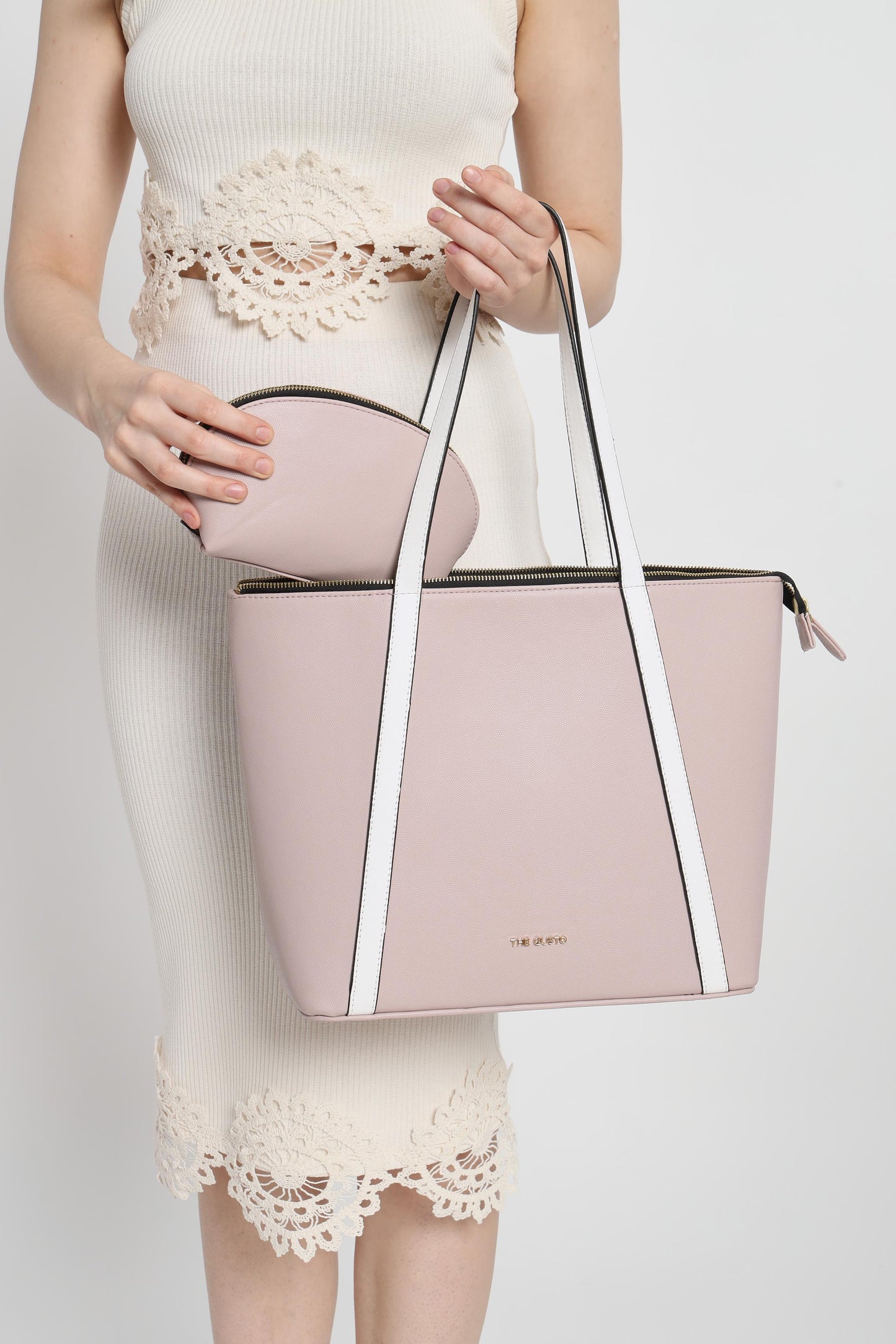 Aza Tote Pastel Pink & Cosmos Pouch Set Combo Pink