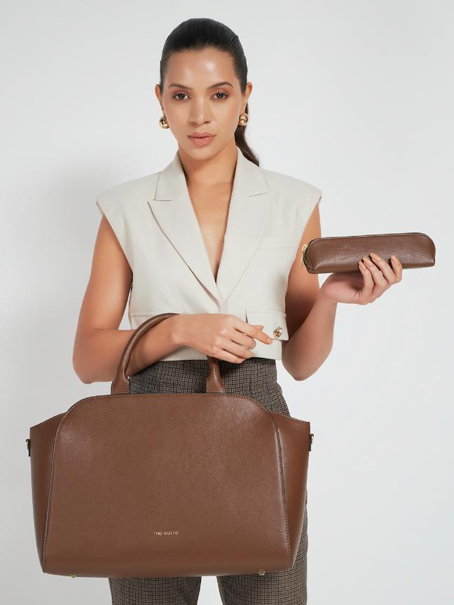 Denice Tote Combo with Pencil Pouch - Coffee Brown