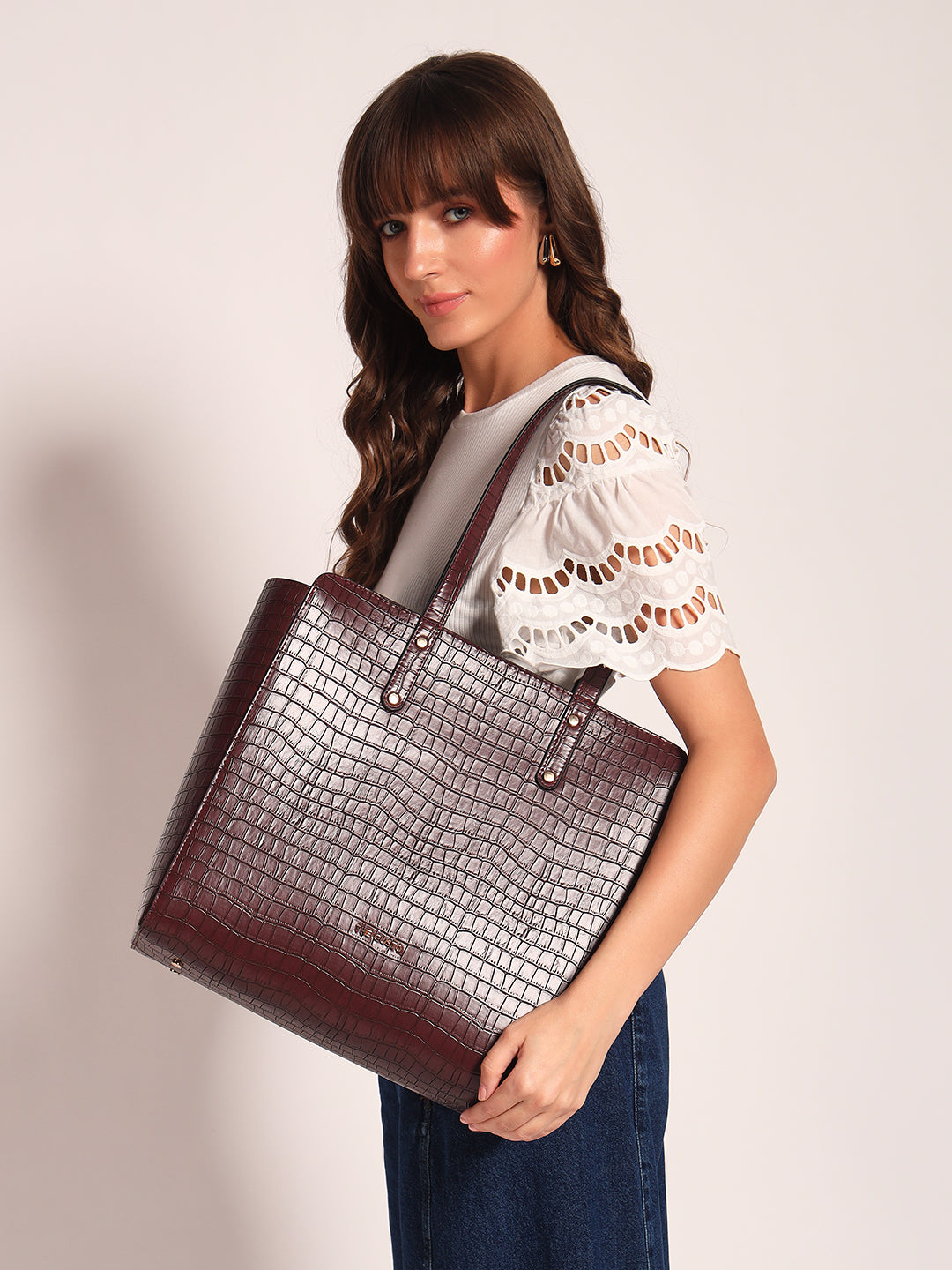Beyond+ Croco Tote with Zipper Wine