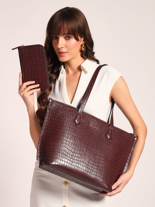 The Evoke Tote and Wallet Combo Croco wine