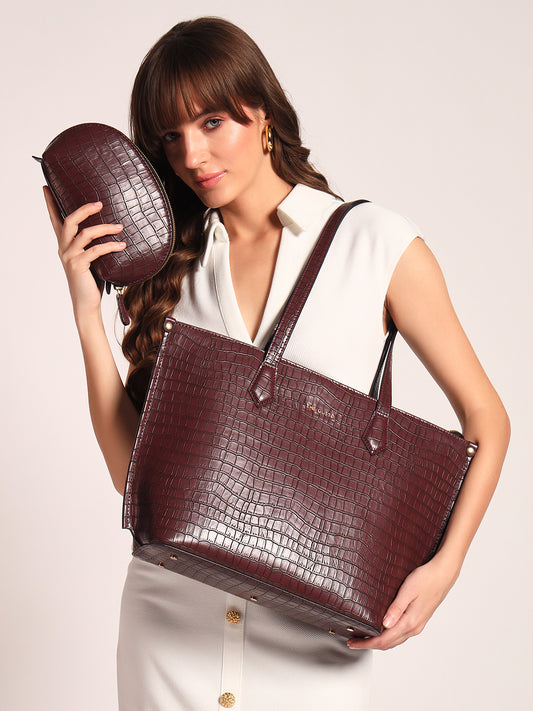 The Evoke Tote and Pouch Combo Croco Wine