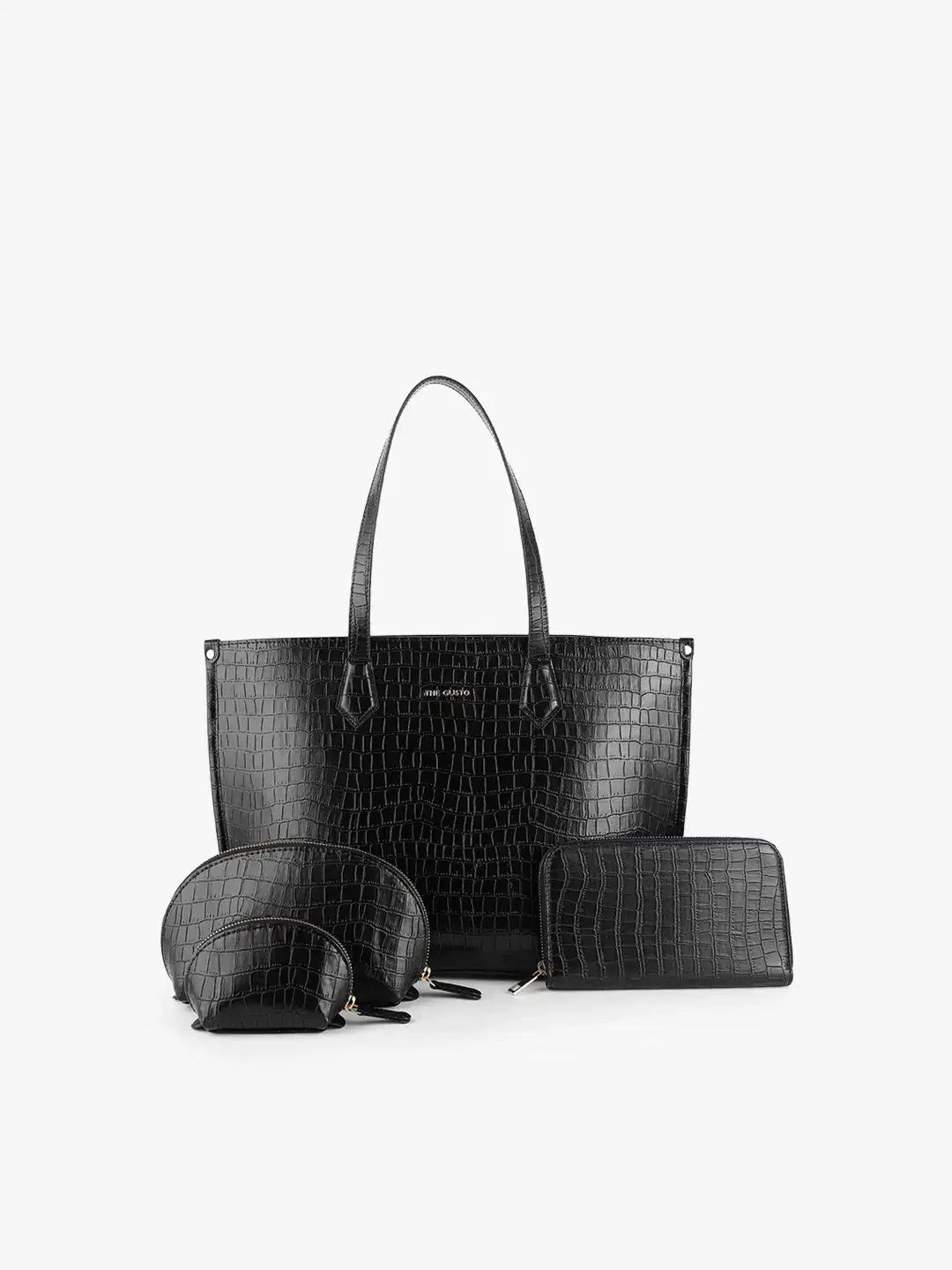 The Evoke Tote and Wallet Combo Croco + Cosmos Croco Pouch Black