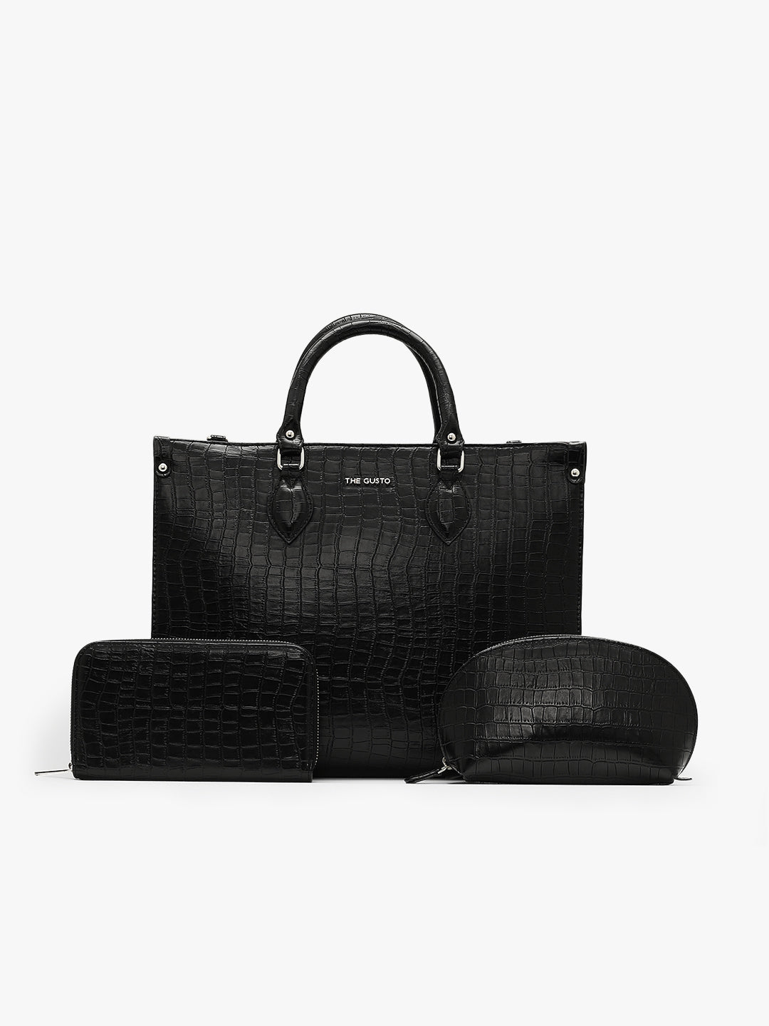 Celeste Tote + Croco Wallet + Cosmos Croco Pouch Black