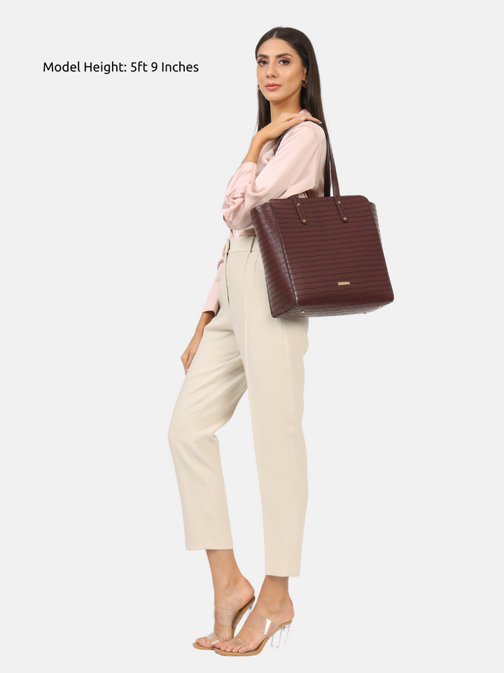 Beyond+ Croco Tote with Zipper Wine + Wallet Combo