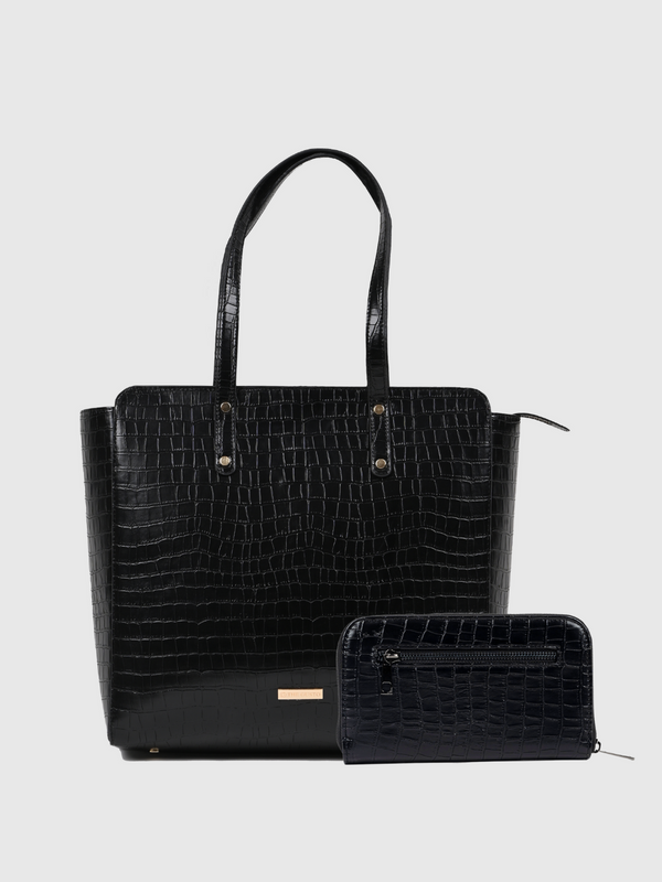 Beyond+ Croco Tote with Zipper Black + Wallet Combo