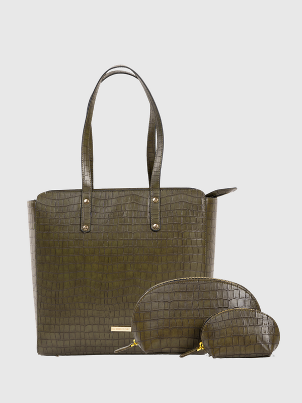Beyond+ Croco Tote with Zipper Pine Green + Cosmos Pouch Combo