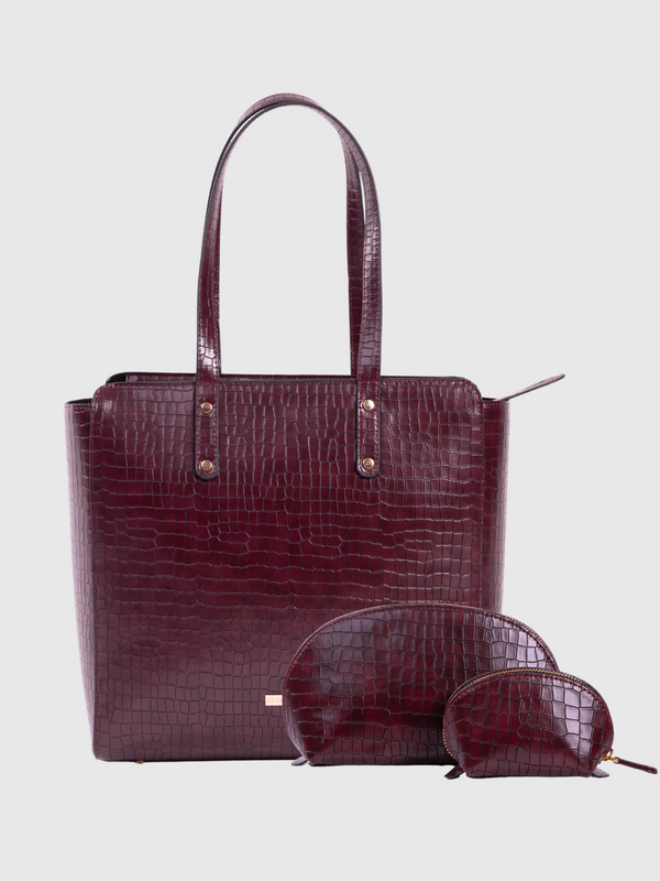 Beyond+ Croco Tote with Zipper Wine + Cosmos Pouch Combo