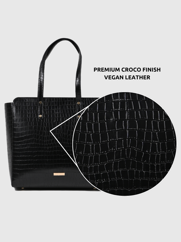 Beyond+ Croco Tote with Zipper Black + Cosmos Pouch Combo