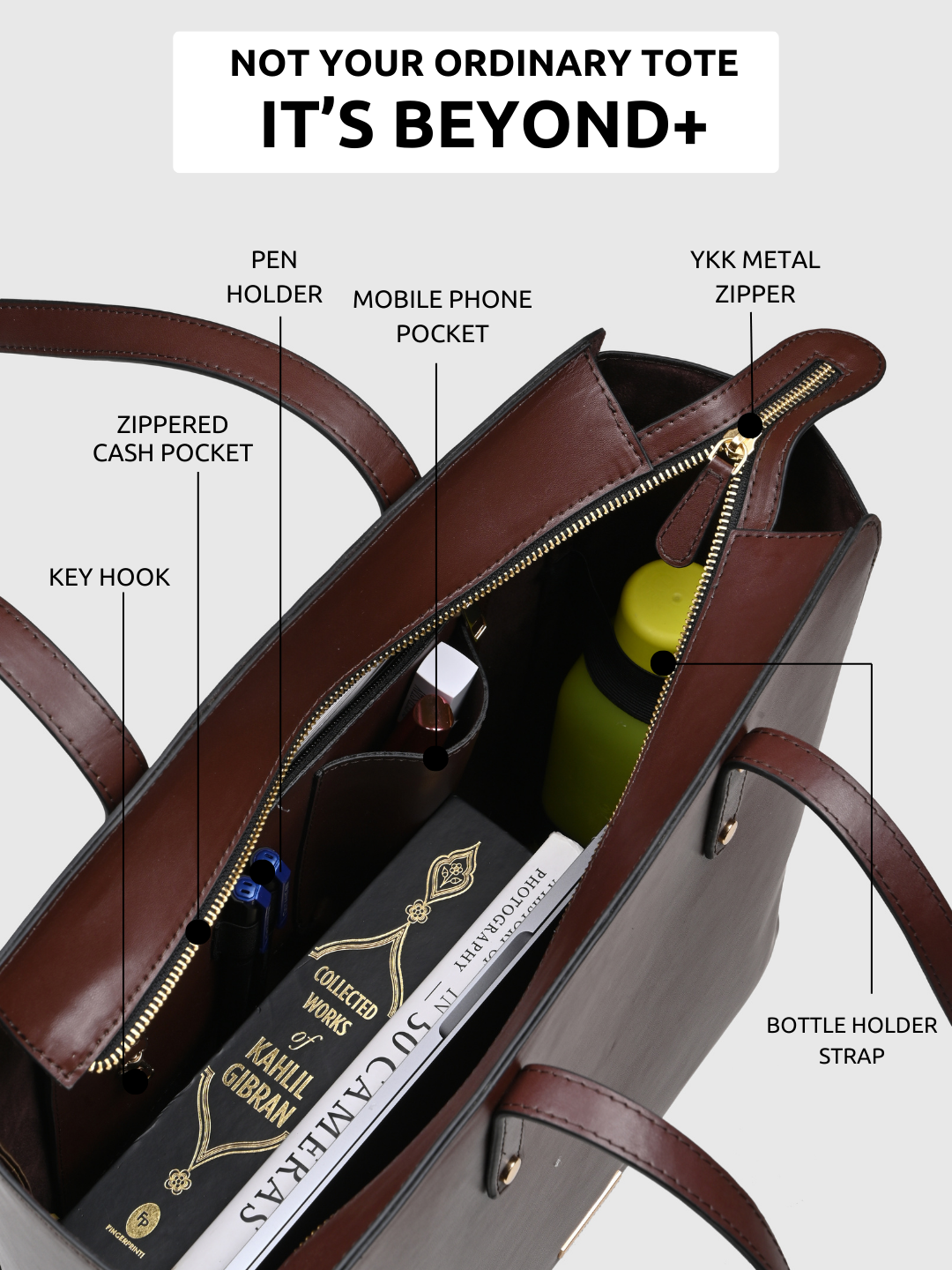 Beyond+ Tote with Zipper Coffee Brown