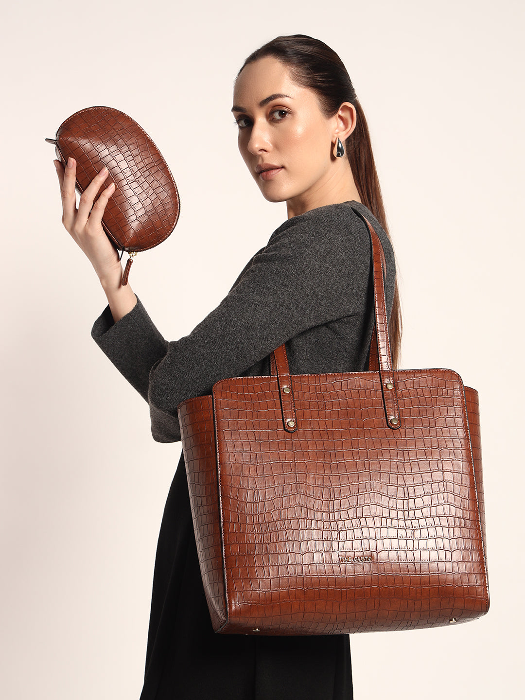 Beyond+ Croco Tote with Zipper Tan + Cosmos Pouch Combo