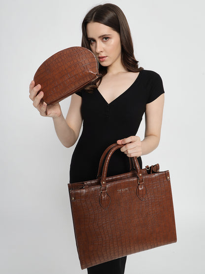 Celeste Tote & Cosmos Croco Pouch Set Combo Tan