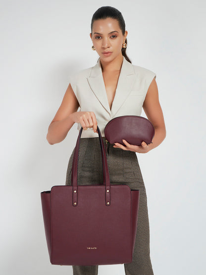 Beyond+ Grained Tote with Zipper Wine + Cosmos Pouch Combo