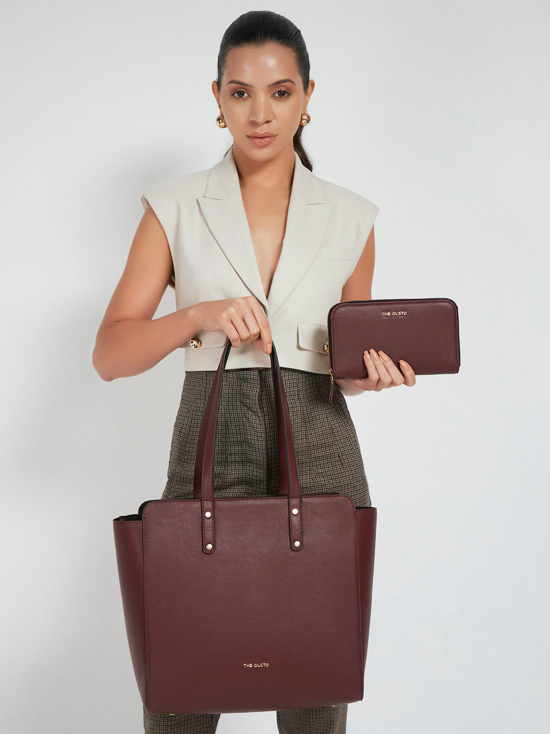Beyond+ Grained Tote with Zipper Wine + Wallet Combo