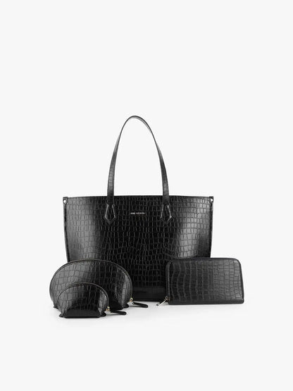 The Evoke Tote and Wallet Combo Croco + Cosmos Croco Pouch Black