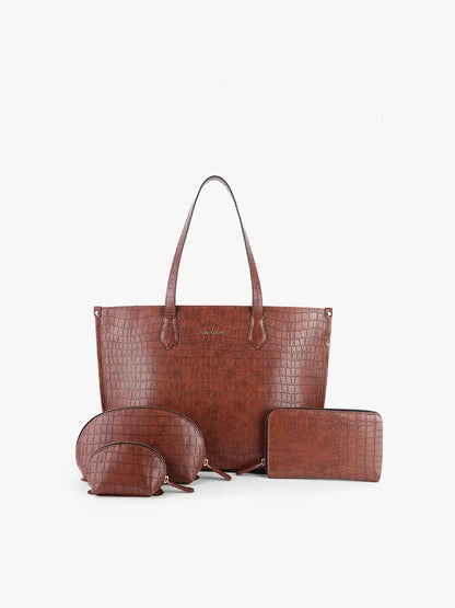 The Evoke Tote and Wallet Combo Croco + Cosmos Croco Pouch Tan