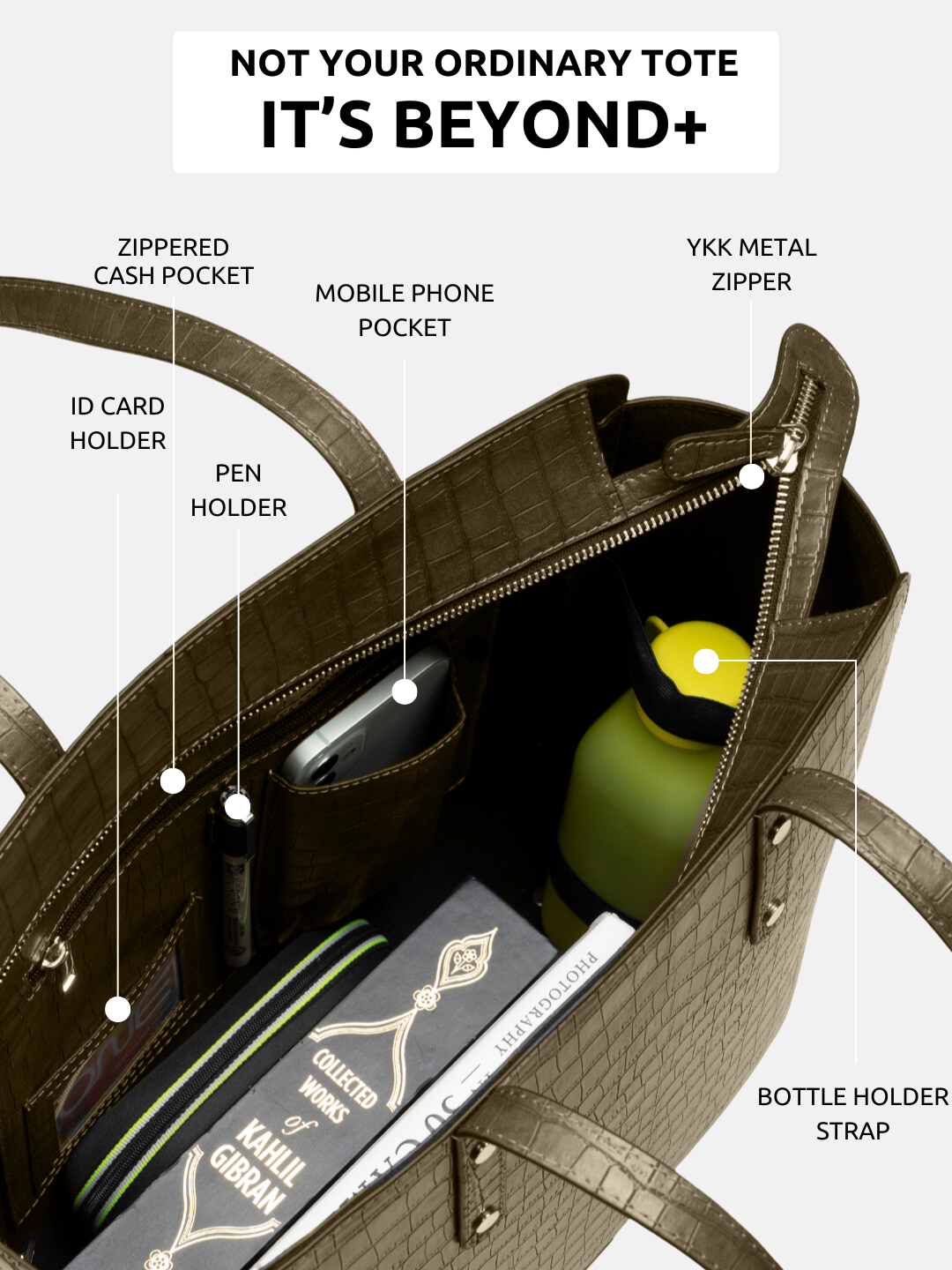 Beyond+ Croco Tote with Zipper Pine Green