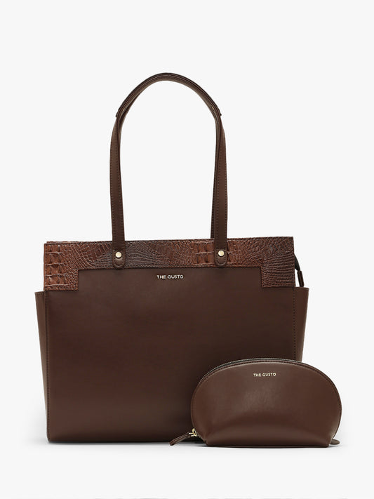 Estelle Croco Tote Bag - Coffee Brown + Pouch Combo