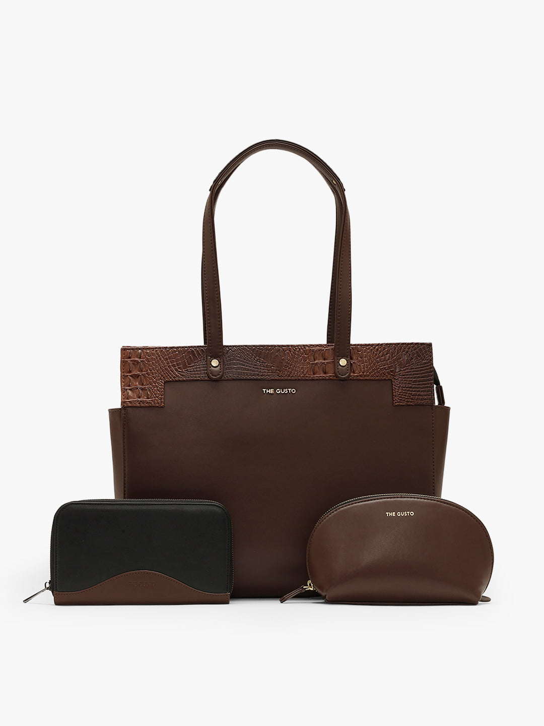 Estelle Croco Tote Bag - Coffee Brown + Pouch & Wallet Combo