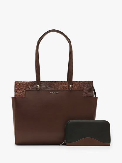 Estelle Croco Tote Bag - Coffee Brown + Wallet Combo