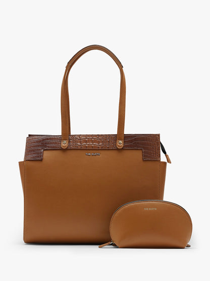 Estelle Croco Tote Bag - Tan + Pouch Combo