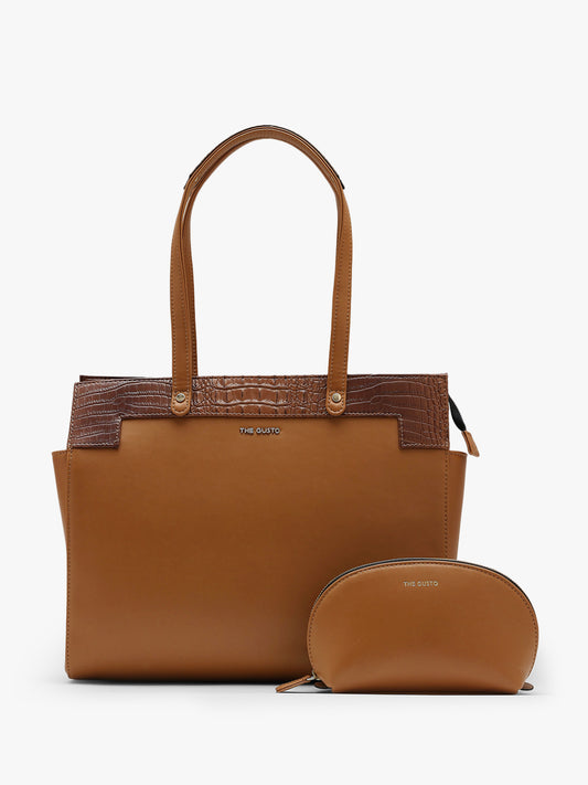 Estelle Croco Tote Bag - Tan + Pouch Combo