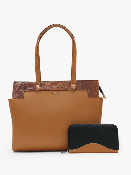 Estelle Croco Tote Bag - Tan + Wallet Combo