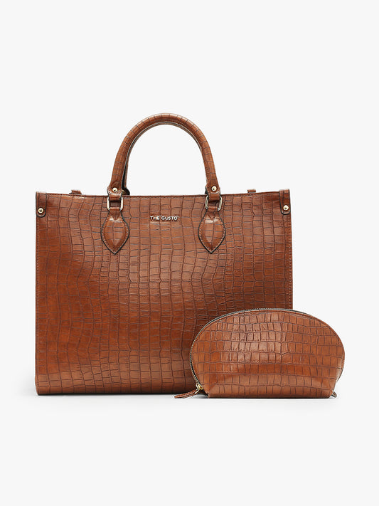 Celeste Tote & Cosmos Croco Pouch Set Combo Tan