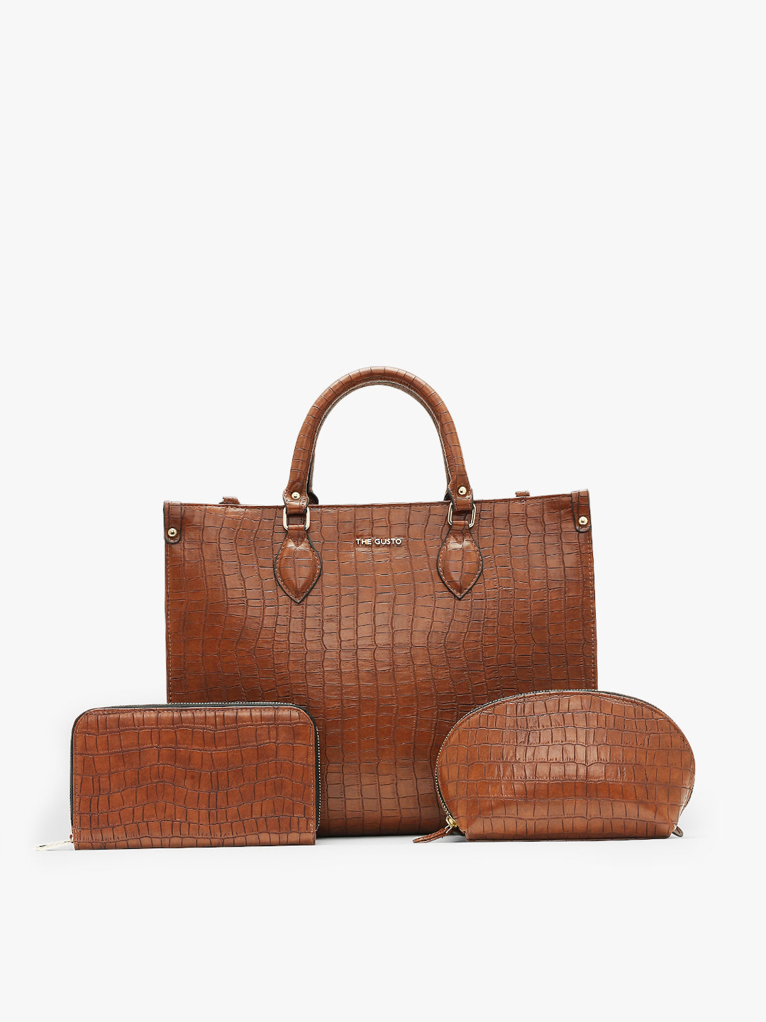 Celeste Tote + Croco Wallet + Cosmos Croco Pouch Tan