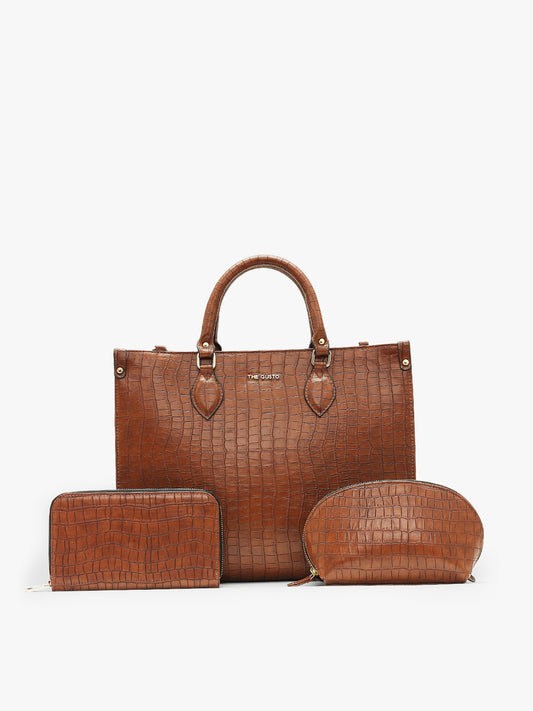 Celeste Tote + Croco Wallet + Cosmos Croco Pouch Tan
