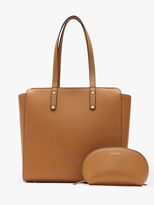 Beyond+ Grained Tote with Zipper Tan + Cosmos Pouch Combo