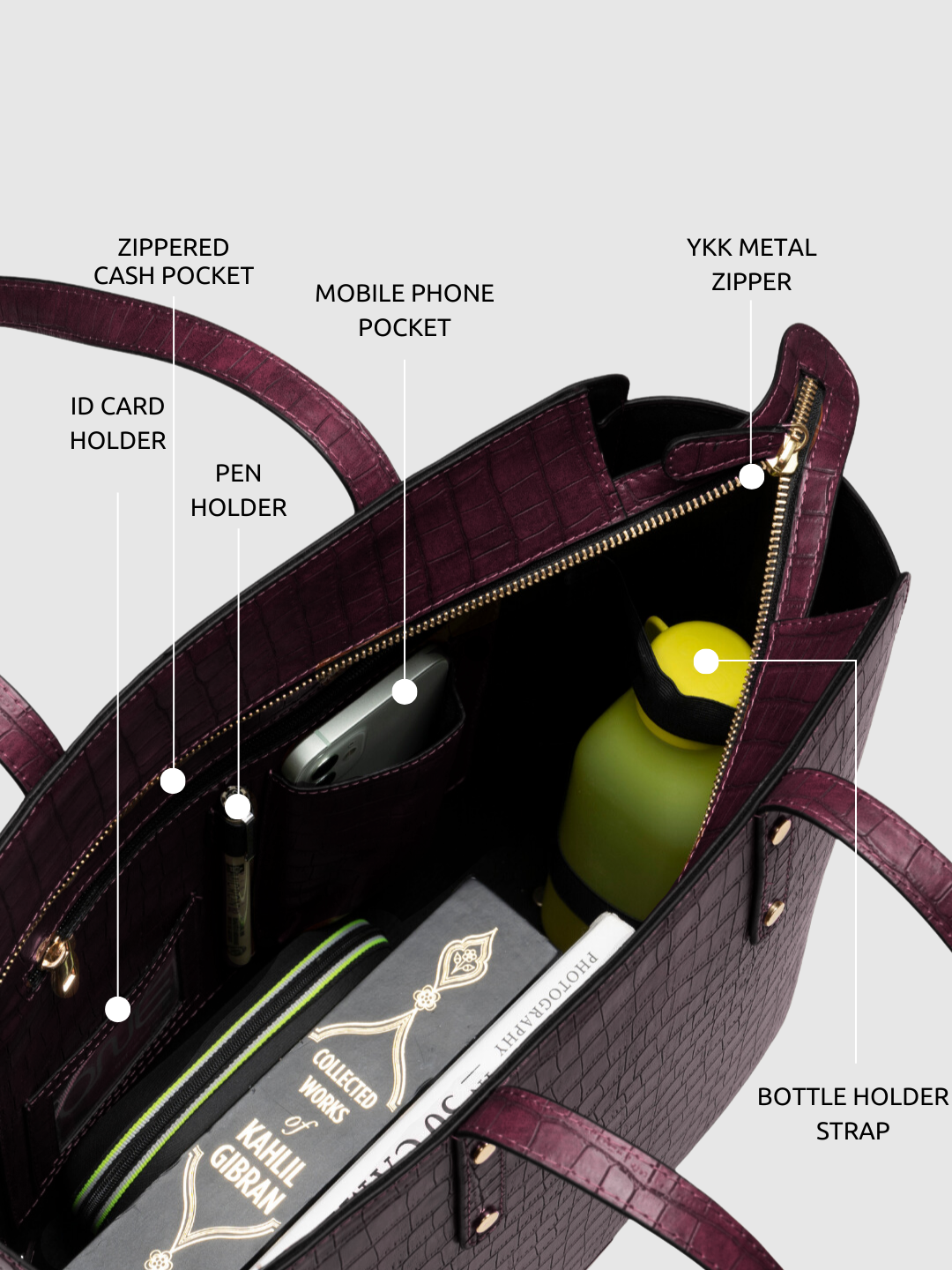 Beyond+ Croco Tote with Zipper Wine