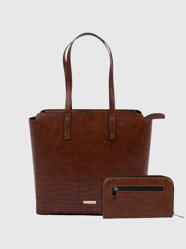 Beyond+ Croco Tote with Zipper Tan + Wallet Combo