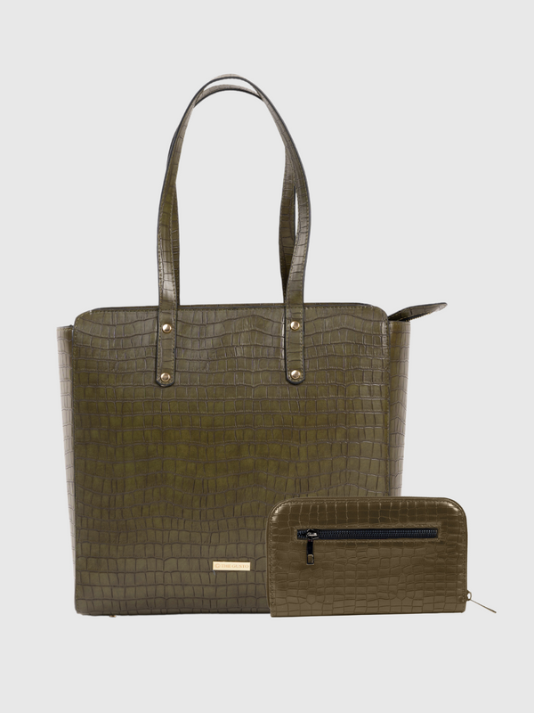 Beyond+ Croco Tote with Zipper Pine Green + Wallet Combo