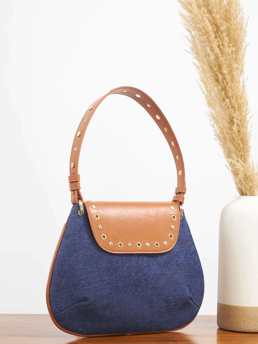 Dew Shoulder Bag - Dark Denim and Tan