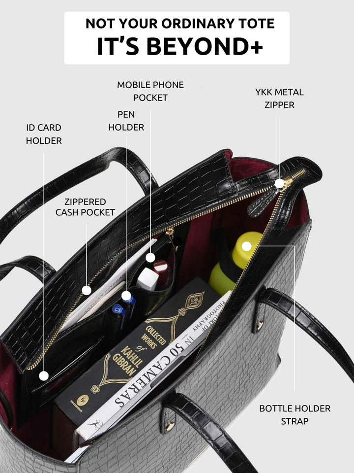 Beyond+ Croco Tote with Zipper Black + Cosmos Pouch Combo