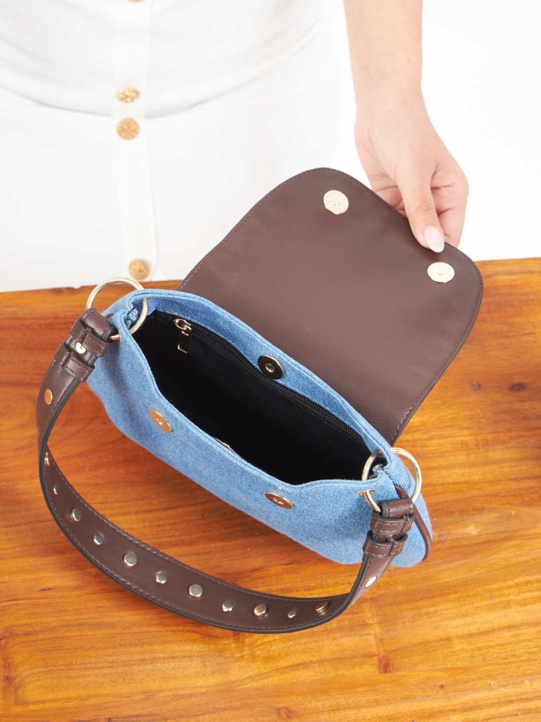 Dew Shoulder Bag - Light Denim and Coffee Brown