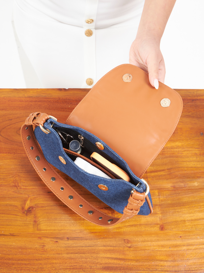 Dew Shoulder Bag - Dark Denim and Tan