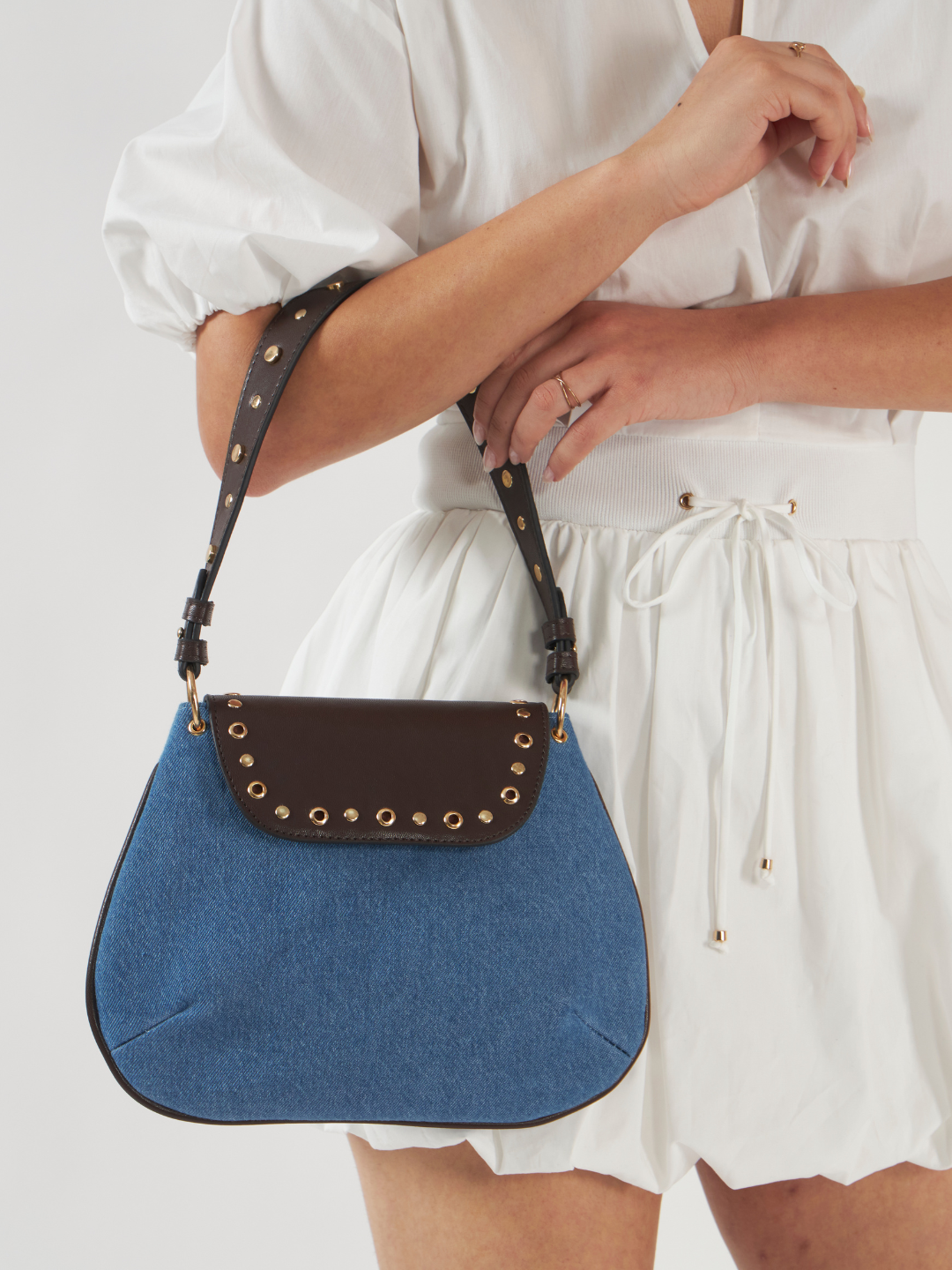 Dew Shoulder Bag - Light Denim and Coffee Brown