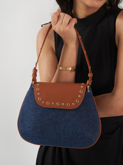 Dew Shoulder Bag - Dark Denim and Tan