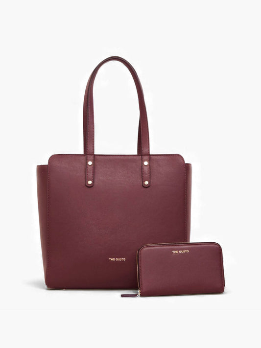 Beyond+ Grained Tote with Zipper Wine + Wallet Combo