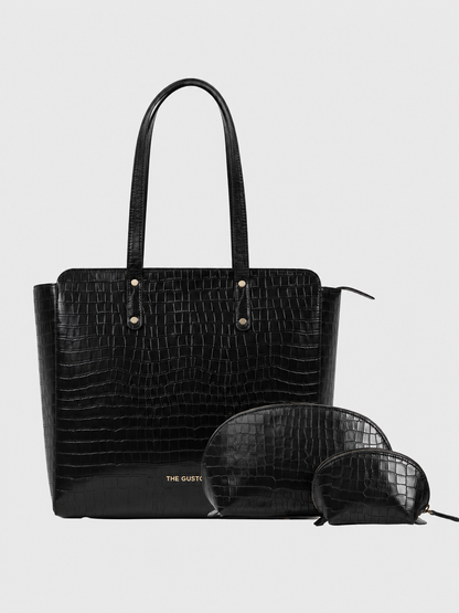 Beyond+ Croco Tote with Zipper Black + Cosmos Pouch Combo