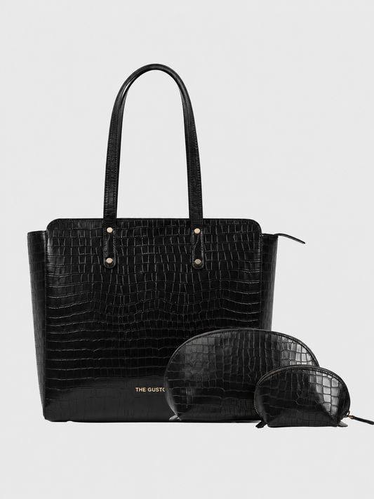Beyond+ Croco Tote with Zipper Black + Cosmos Pouch Combo