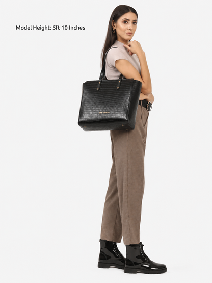 Beyond+ Croco Tote with Zipper Black + Cosmos Pouch Combo