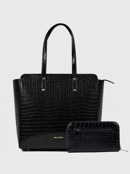 Beyond+ Croco Tote with Zipper Black + Wallet Combo