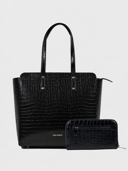 Beyond+ Croco Tote with Zipper Black + Wallet Combo