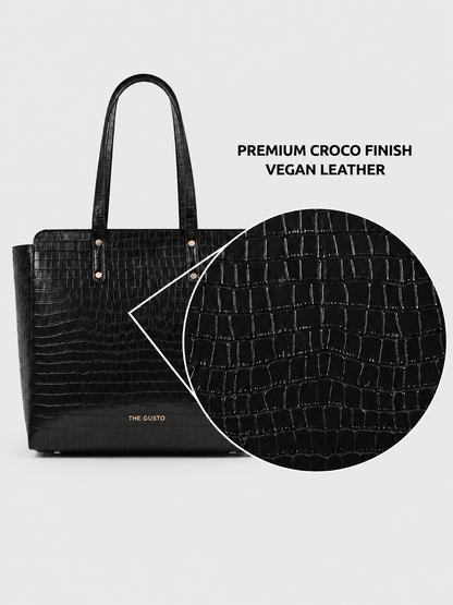 Beyond+ Croco Tote with Zipper Black + Cosmos Pouch Combo