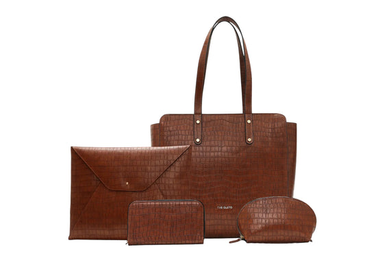 Beyond+ Tote Croco & Grace laptop Sleeve + Wallet + Pouch Combo Tan