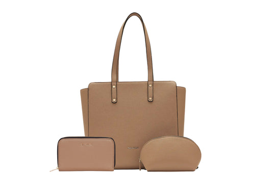Beyond+ Tote with Zipper  + Cosmos Pouch + Wallet Combo Beige Grained