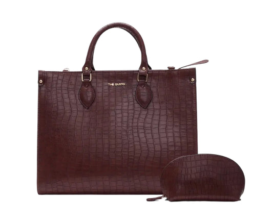 Celeste Tote & Cosmos Croco Pouch Set Combo Wine