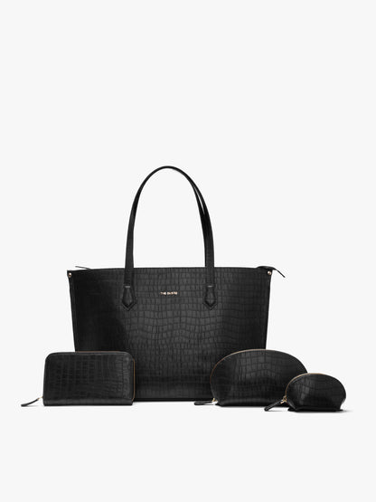 The Evoke Tote and Wallet Combo Croco + Cosmos Croco Pouch Black